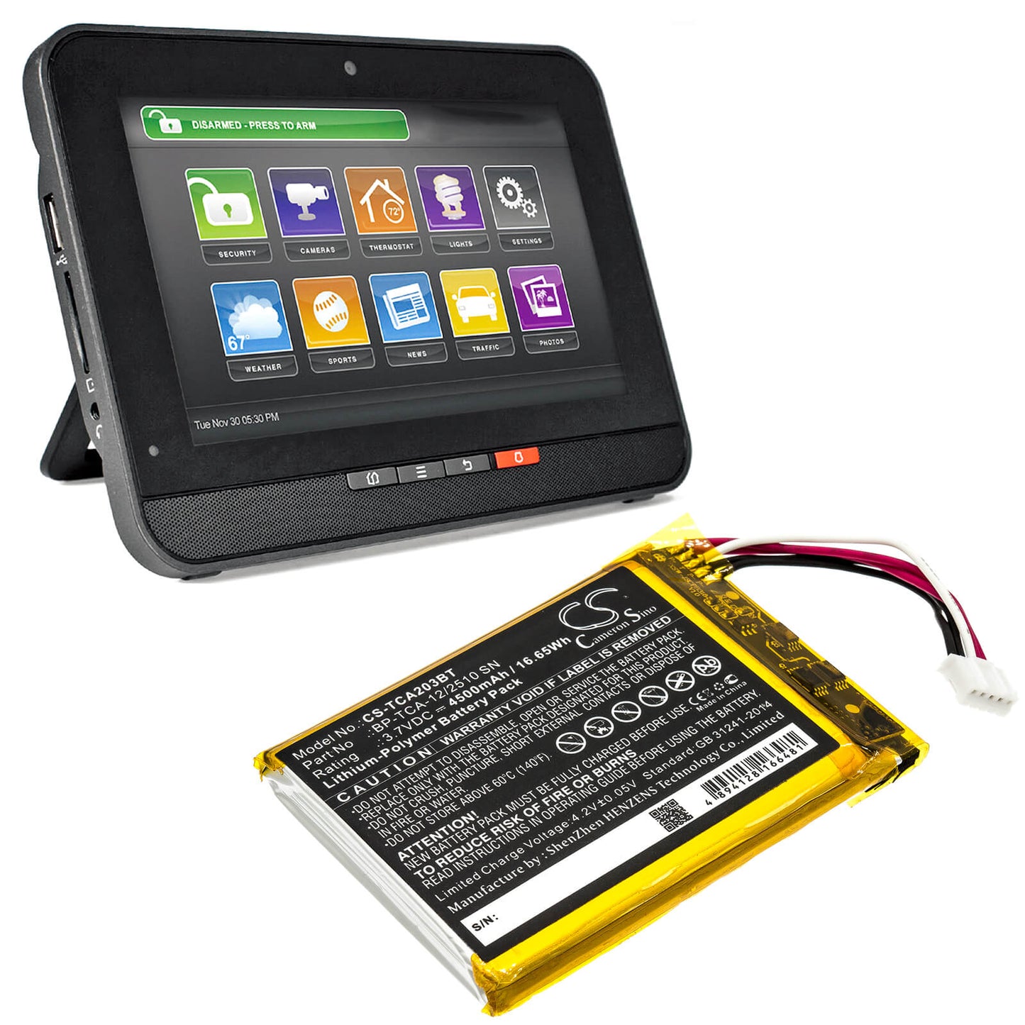 3.7V, 4500mAh, Li-Polymer Battery fits Xfinity, Home Security Touch Screen, 16.65Wh