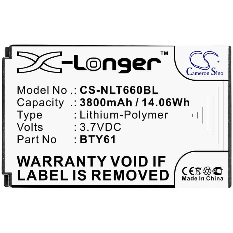 3.7V, 3800mAh, Li-Polymer Battery fits Newland, Mt60, Mt60e, 14.06Wh
