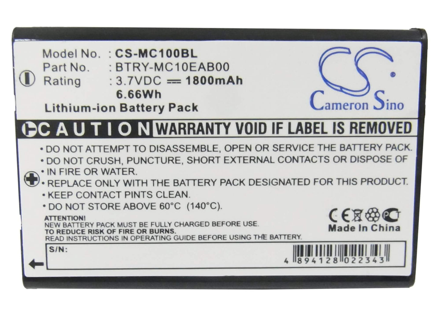 3.7V, 1800mAh, Li-ion Battery fits Intermec, Ck1, Cn1, 6.66Wh