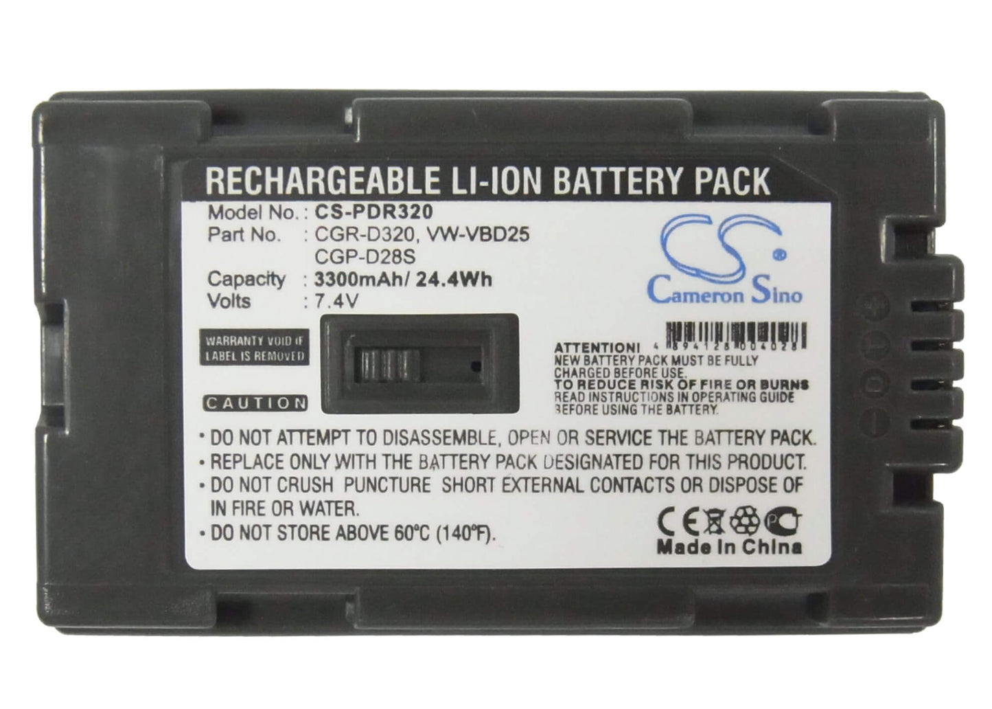 7.4V, 3300mAh, Li-ion Battery fits Panasonic, Ag-dvc15, Cgr-d28a/1b, 24.42Wh