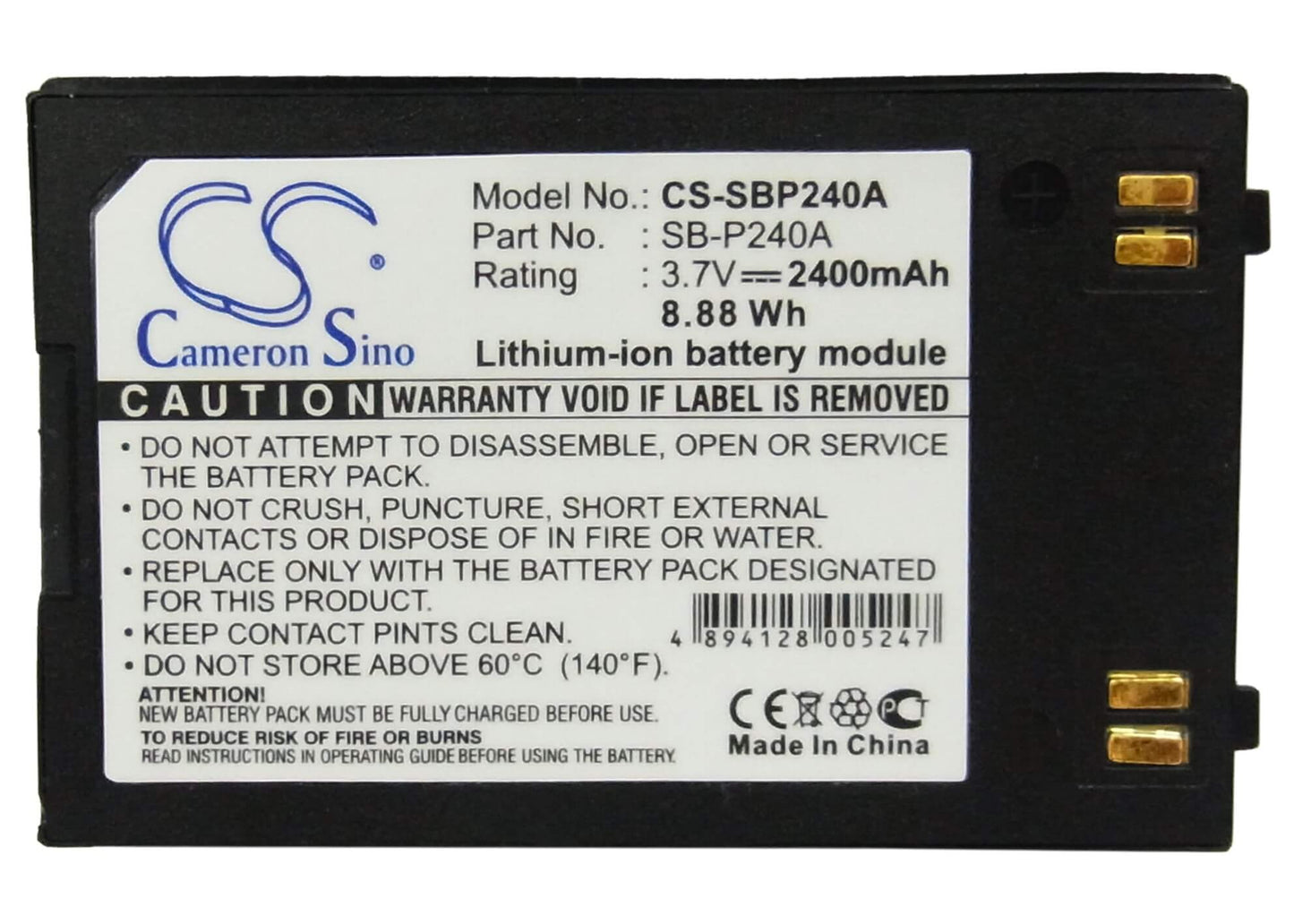 3.7V, 2400mAh, Li-ion Battery fits Samsung, Sc-mm10, Sc-mm10bl, 8.88Wh