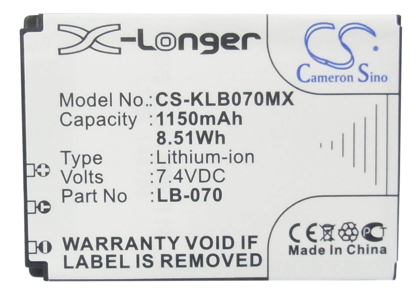 7.4V, 1150mAh, Li-ion Battery fits Kodak, Pixpro Az651, Pixpro Az651 Astro Zoom, 8.51Wh