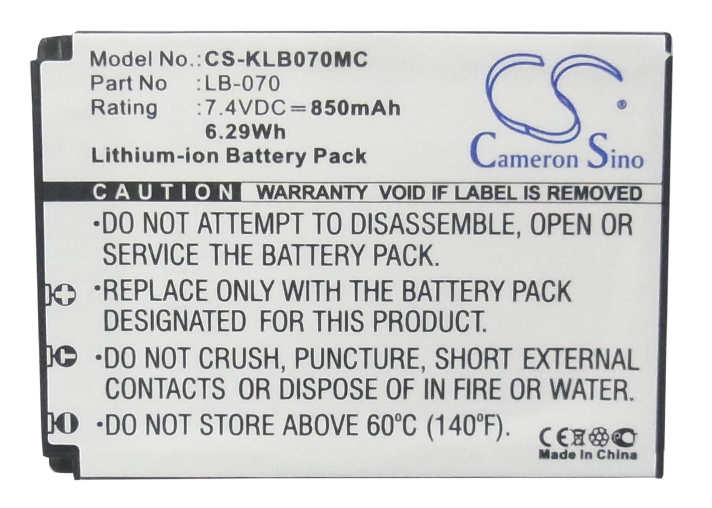 7.4V, 850mAh, Li-ion Battery fits Kodak, Pixpro Az651, Pixpro Az651 Astro Zoom, 6.29Wh