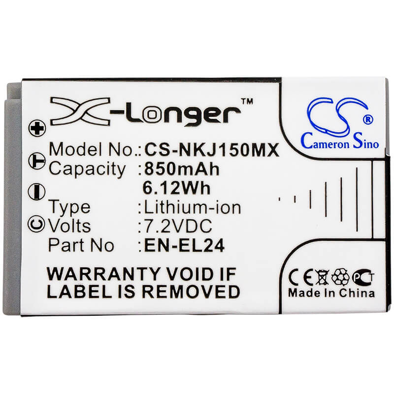 7.2V, 850mAh, Li-ion Battery fits Nikon, 1 J5, 6.12Wh