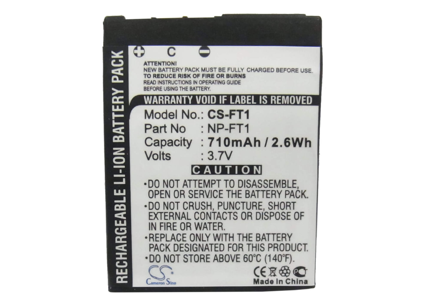 3.7V, 710mAh, Li-ion Battery fits Sony, Cyber-shot Dsc-l1, Cyber-shot Dsc-l1/b, 2.627Wh