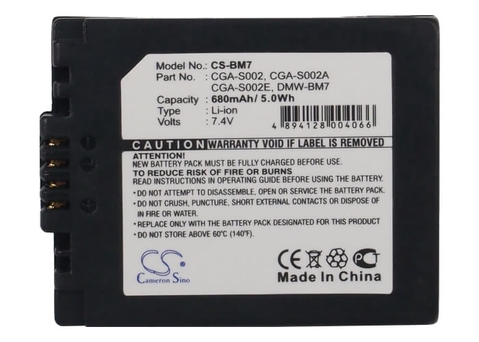 7.4V, 680mAh, Li-ion Battery fits Panasonic, Dmc-fz10, Dmc-fz10eb, 5.032Wh