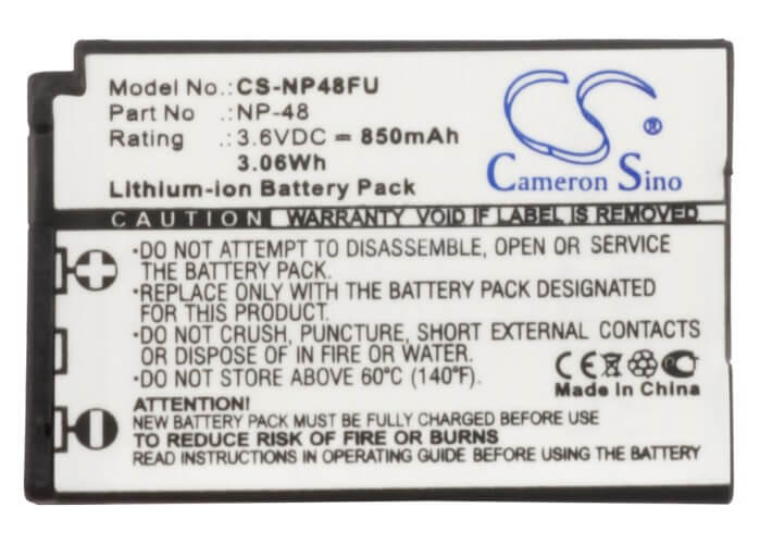 3.6V, 850mAh, Li-ion Battery fits Fujifilm, Xq1, Xq2, 3.06Wh