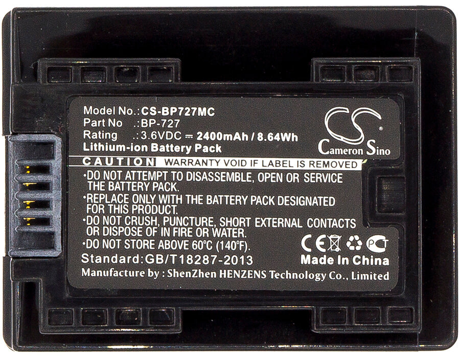 3.6V, 2400mAh, Li-ion Battery fits Canon, Ixia Hf R306, Legria Hf R36, 8.64Wh