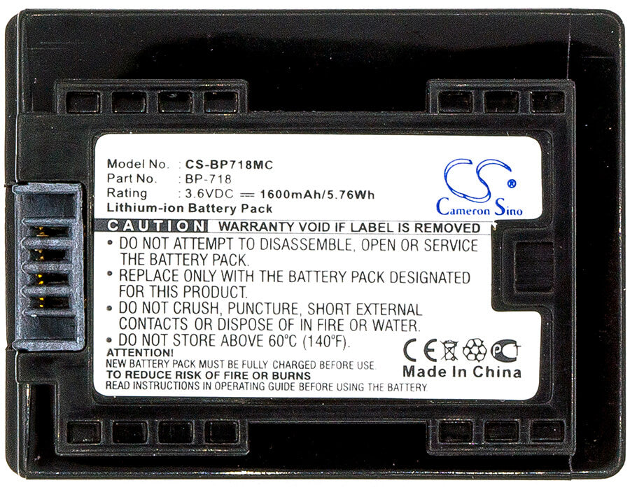 3.6V, 1600mAh, Li-ion Battery fits Canon, Ixia Hf M56, Ixia Hf R306, 5.76Wh