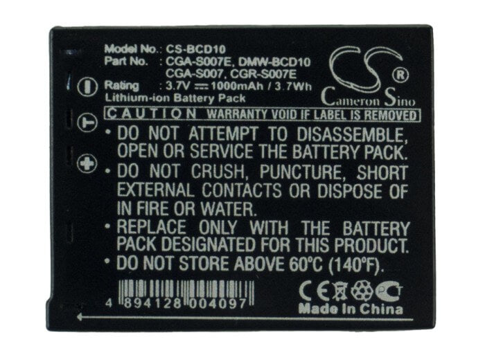 3.7V, 1000mAh, Li-ion Battery fits Panasonic, Lumix Dmc-tz1, Lumix Dmc-tz11, 3.7Wh