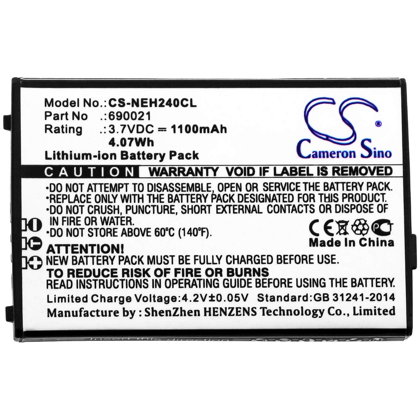 3.7V, 1100mAh, Li-ion Battery fits Nec, Mh240, 4.07Wh