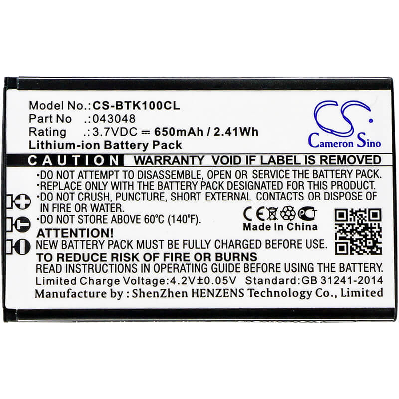3.7V, 650mAh, Li-ion Battery fits Bt, Elements 1k, 2.405Wh