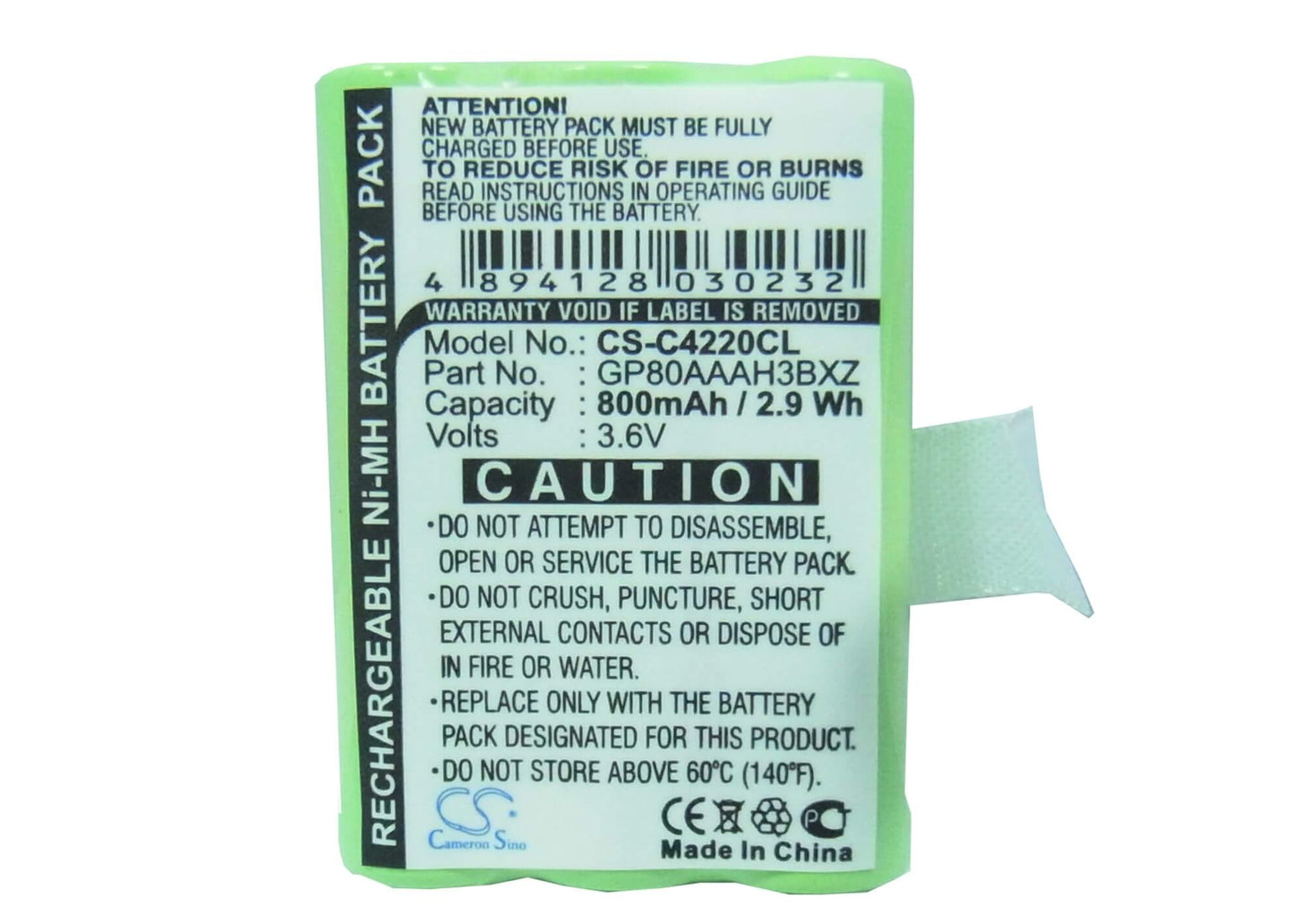 3.6V, 800mAh, Ni-MH Battery fits Clarity, Professional C4220, Professional C4230, 2.88Wh