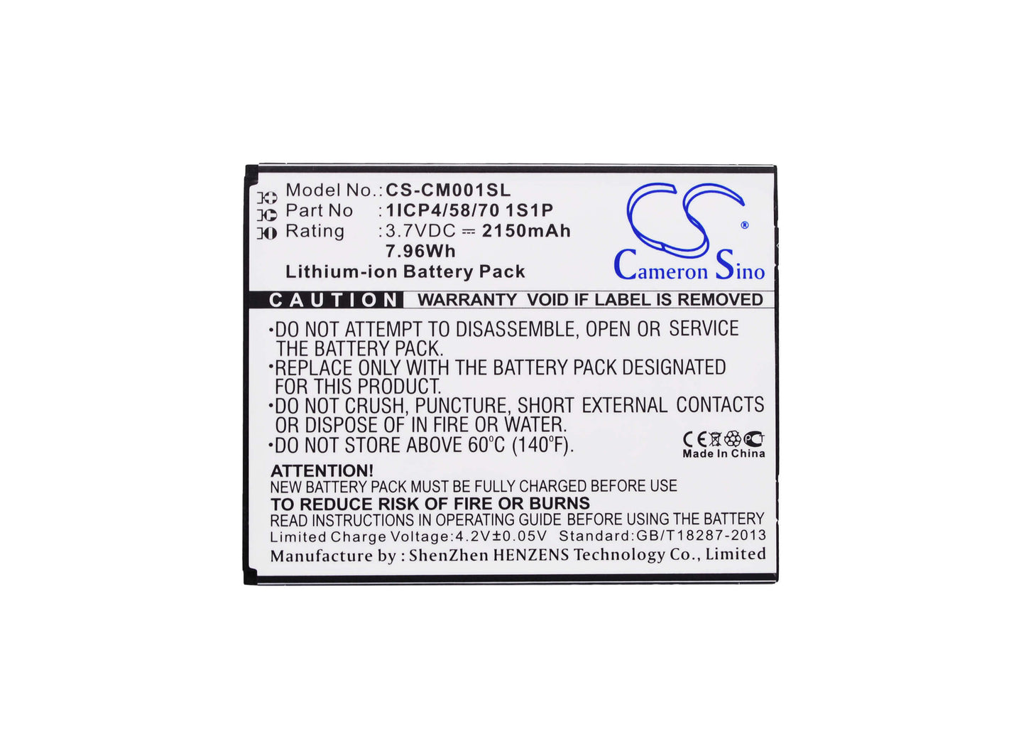 3.7V, 2150mAh, Li-ion Battery fits Cameron Sino, 1icp4/58/70 1s1p, 7.955Wh
