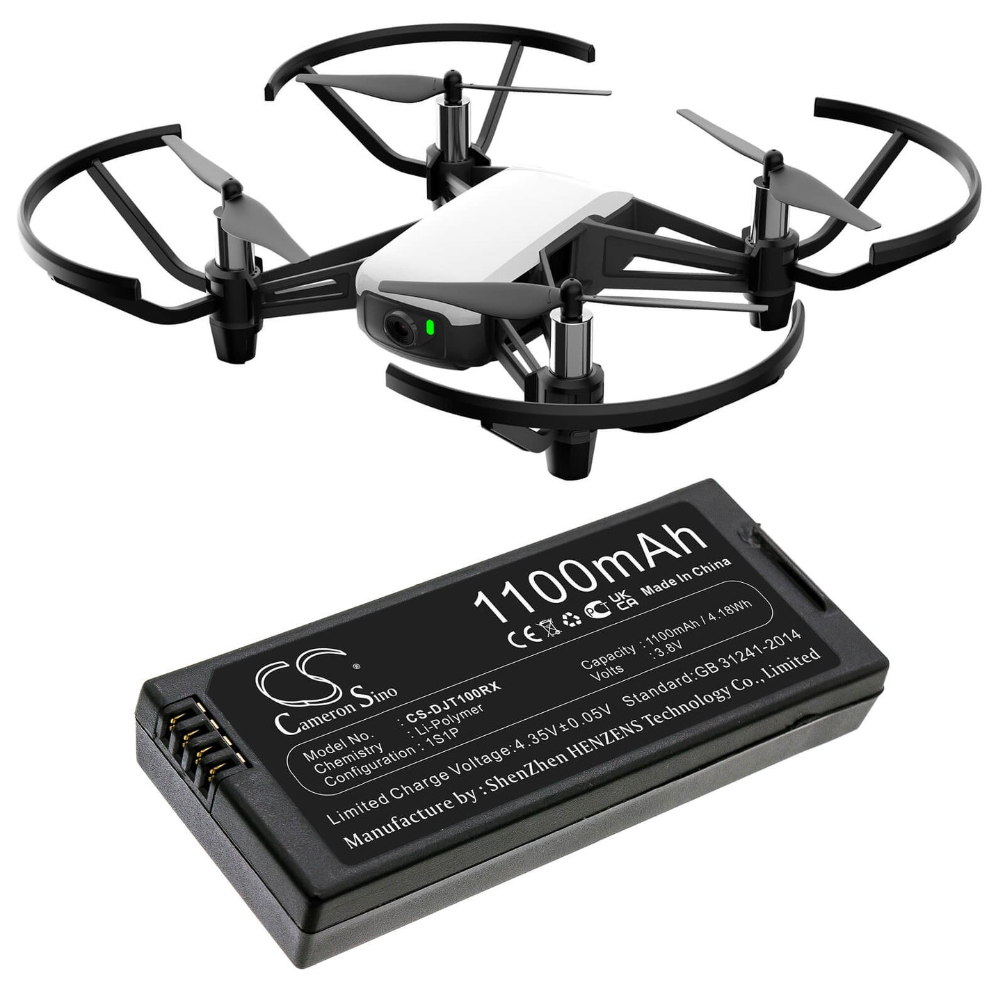 3.8V, 1100mAh, Li-Polymer Battery fits Dji, Tello, 4.18Wh