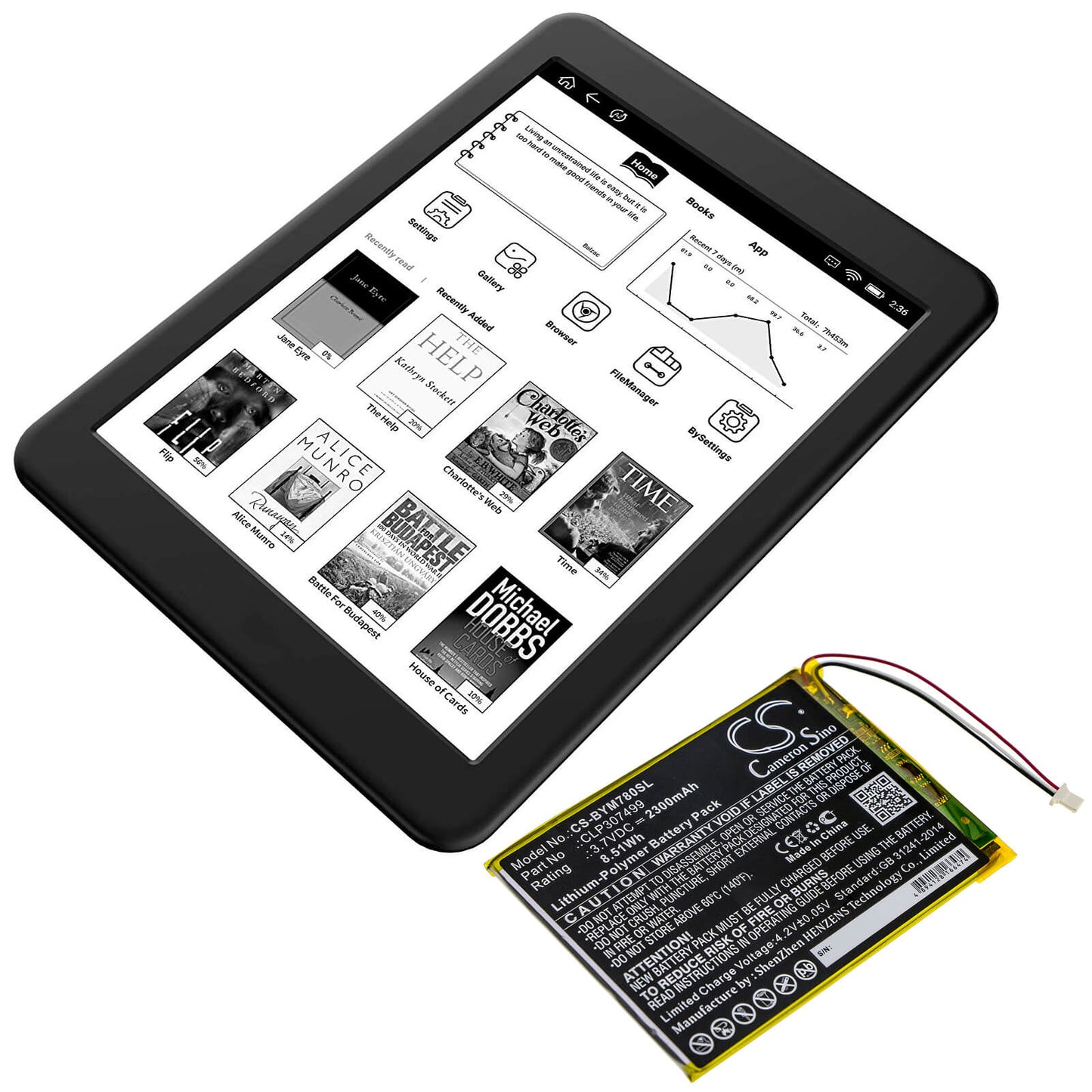3.7V, 2300mAh, Li-Polymer Battery fits Boyue, Likebook Mars 7.8", 8.51Wh