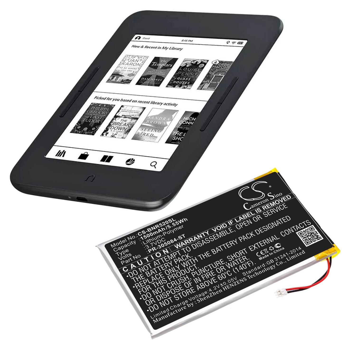 3.7V, 1500mAh, Li-Polymer Battery fits Barnes & Noble, Bnrv520, Glowlight 3, 5.55Wh