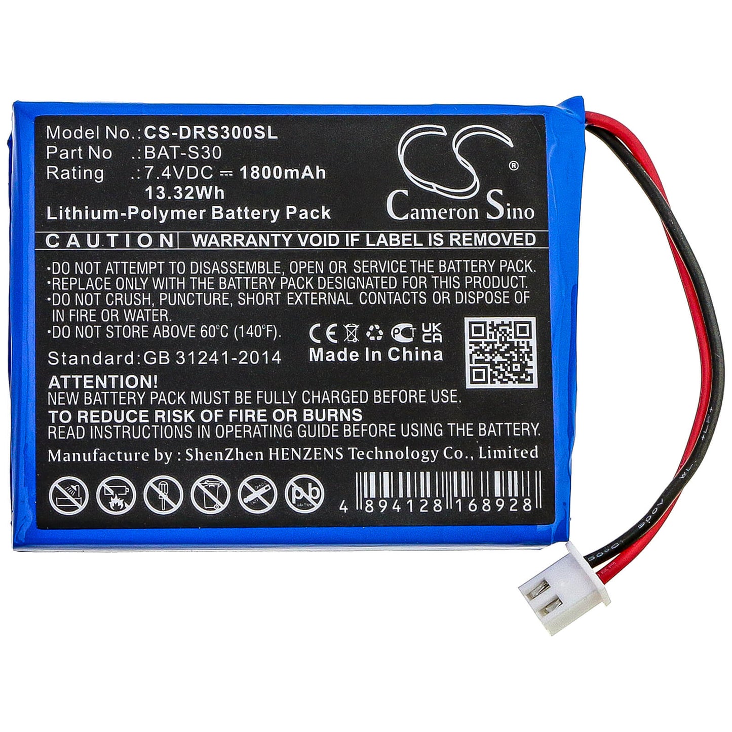 7.4V, 1800mAh, Li-Polymer Battery fits Deviser, S30, 13.32Wh