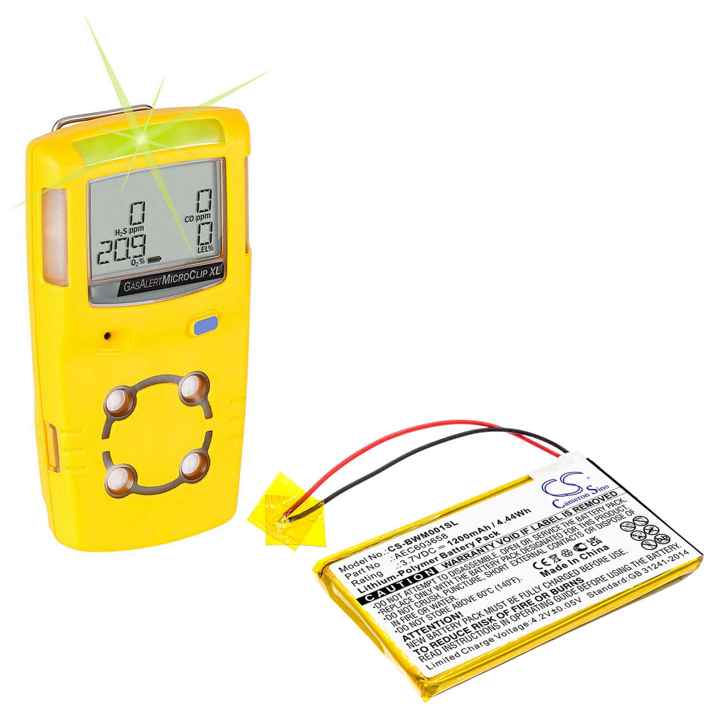 3.7V, 1200mAh, Li-Polymer Battery fits Bw, Gasalert Micro Clip Xl, Gasalert Microclip Gas Detecto, 4.44Wh