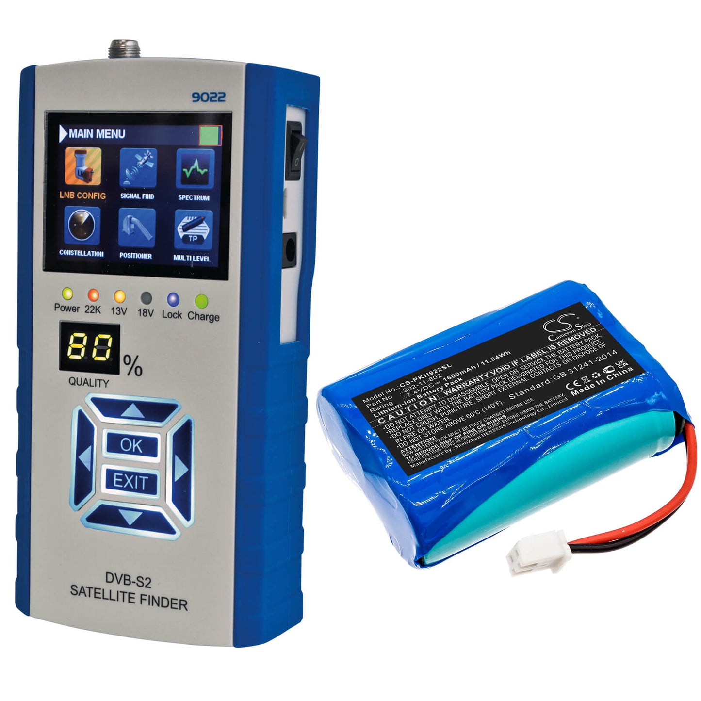 7.4V, 1600mAh, Li-ion Battery fits Peaktech, Dvb-c, Dvb-c/s/t, 11.84Wh