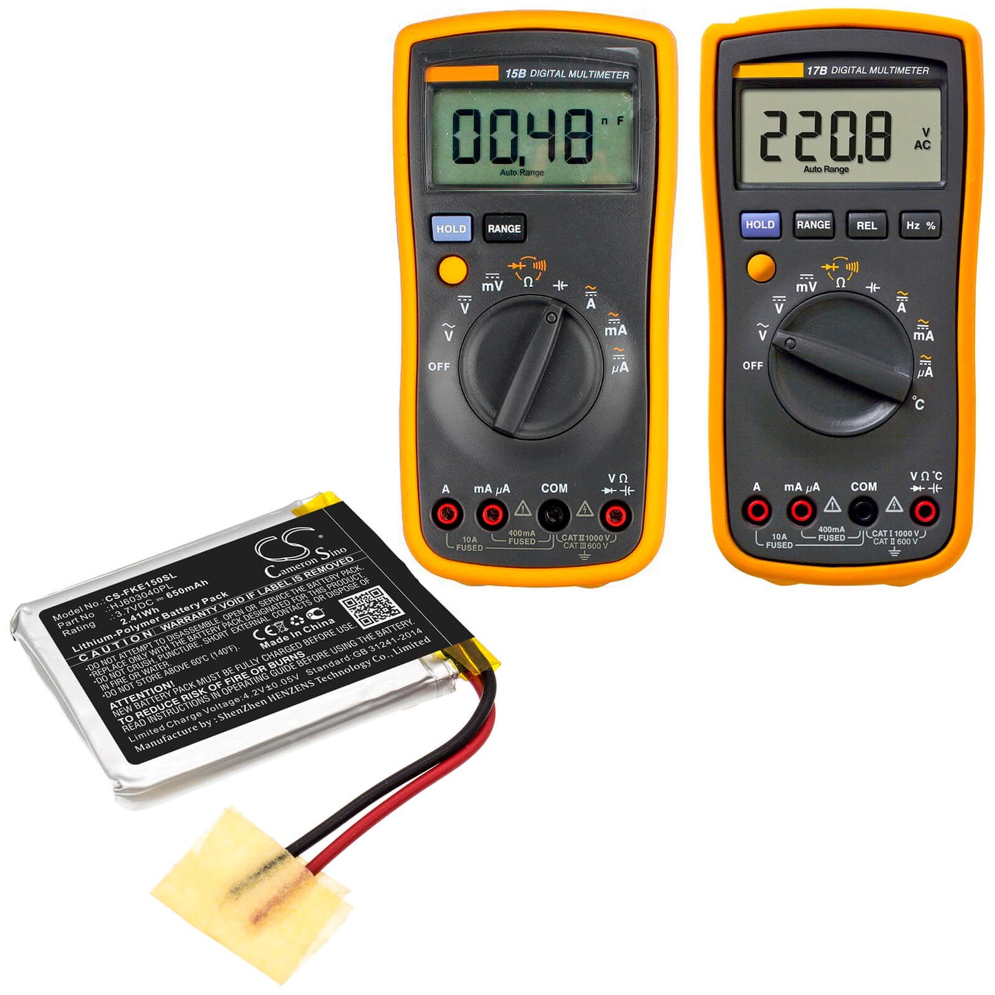 3.7V, 650mAh, Li-Polymer Battery fits Fluke, 15b, 17b, 2.405Wh