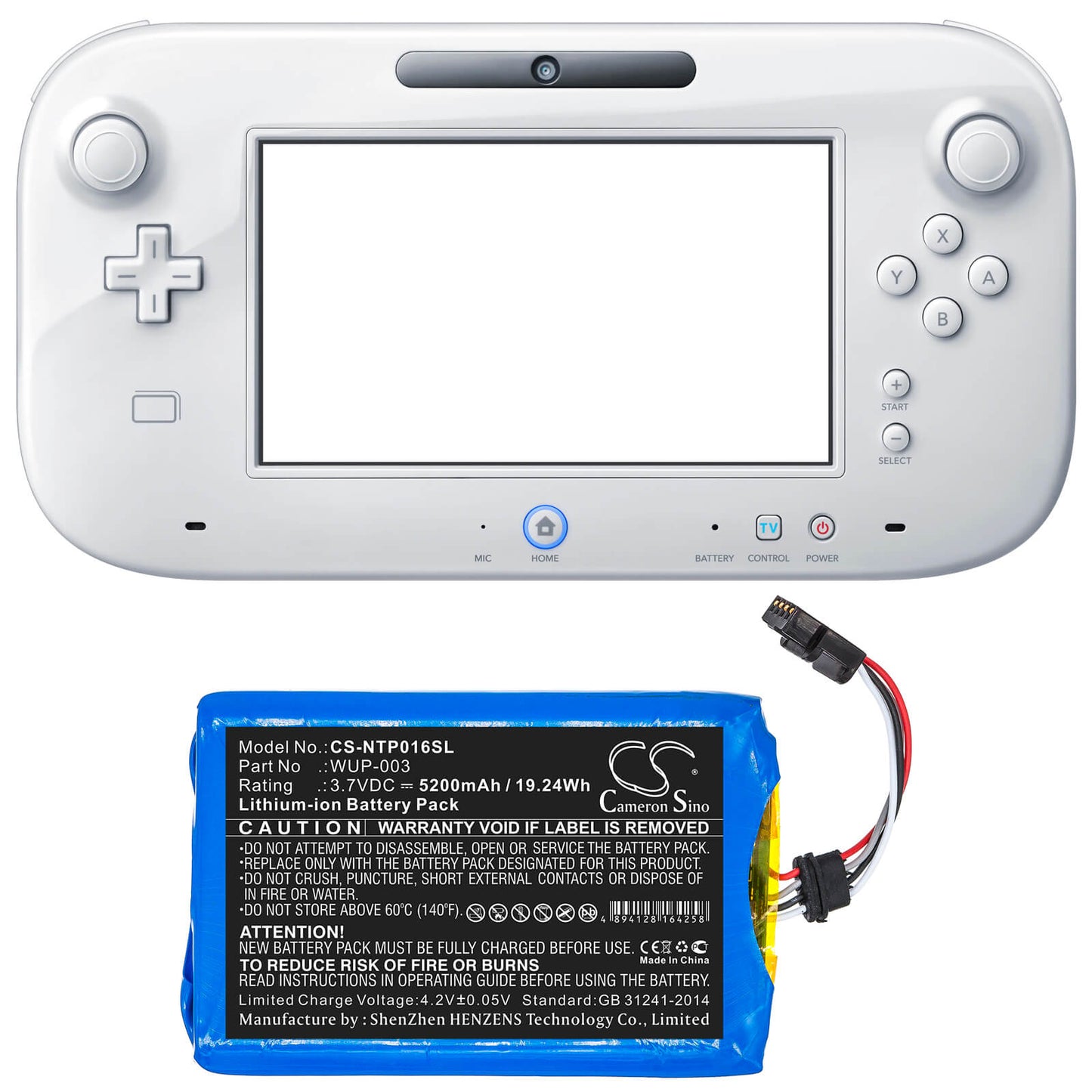 3.7V, 5200mAh, Li-ion Battery fits Nintendo, Wii U Gamepad Wup-003, 19.24Wh