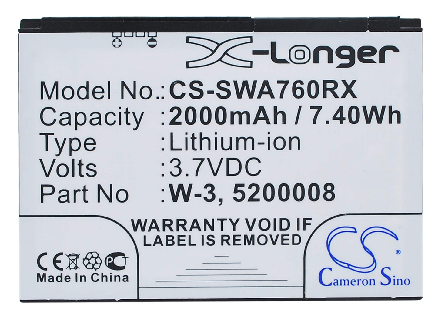 3.7V, 2000mAh, Li-ion Battery fits Sierra Wireless, Aircard 760, Aircard 760s, 7.4Wh