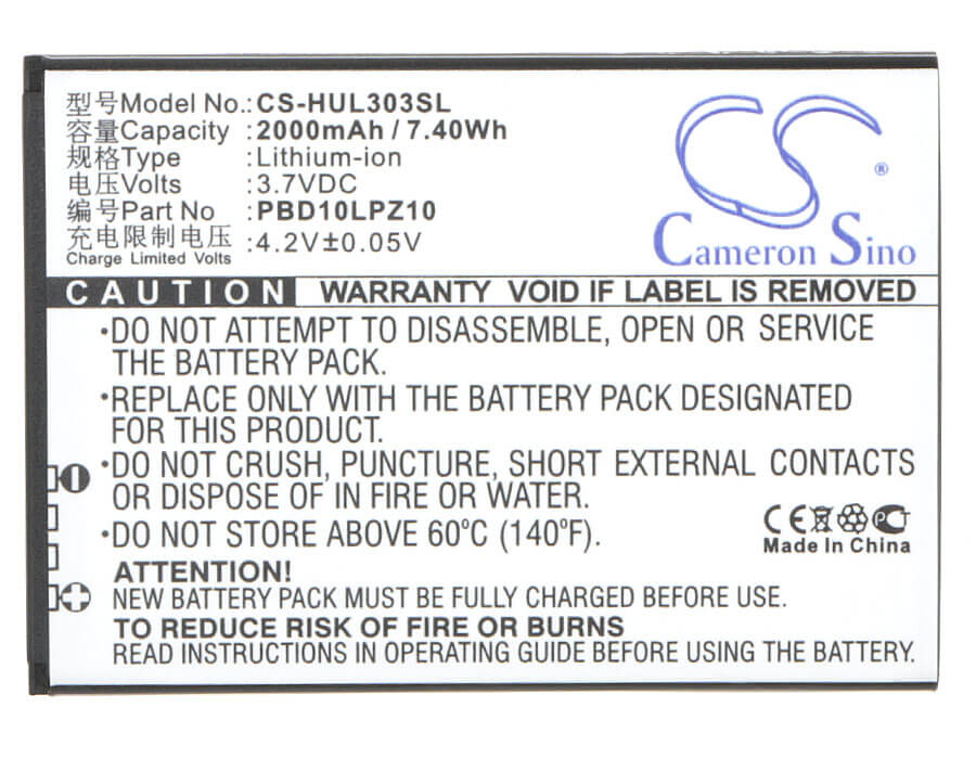 3.7V, 2000mAh, Li-ion Battery fits Huawei, 303hw, Gl10p, 7.4Wh