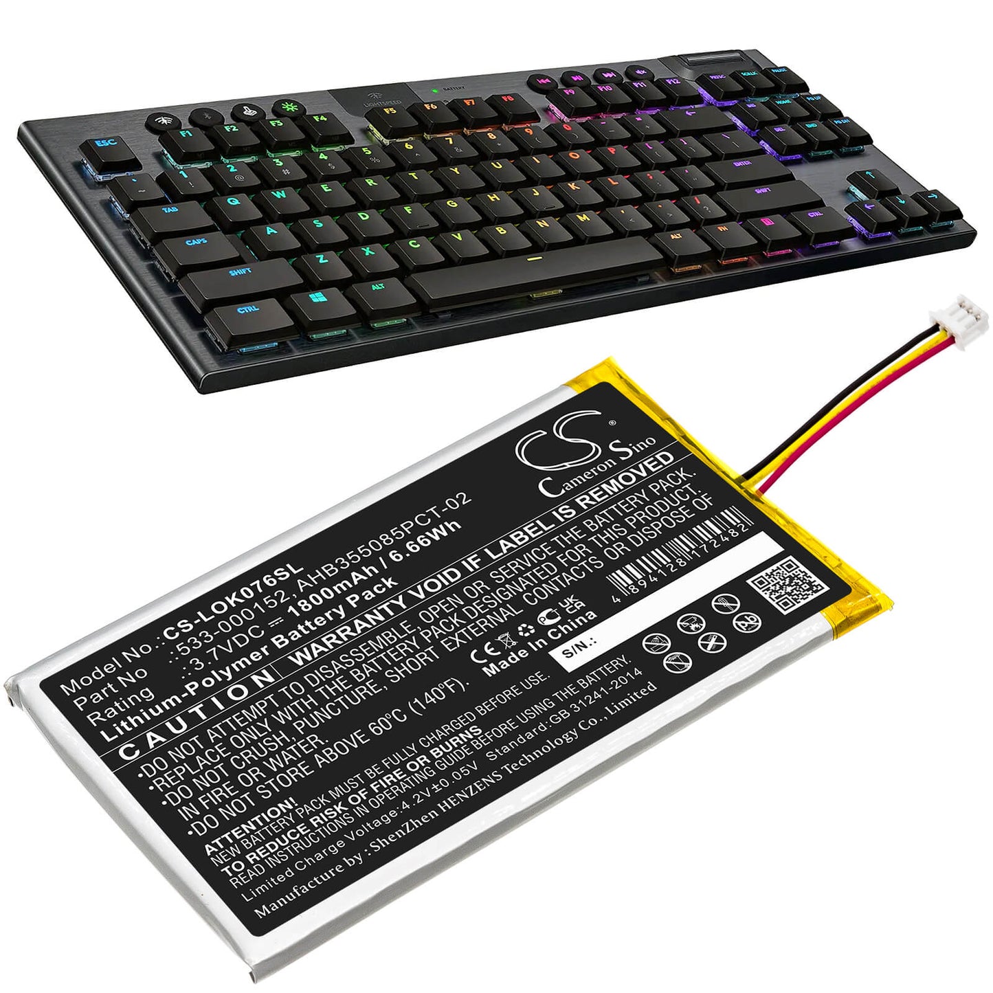 3.7V, 1800mAh, Li-Polymer Battery fits Logitech, G913, G913 Tkl, 6.66Wh