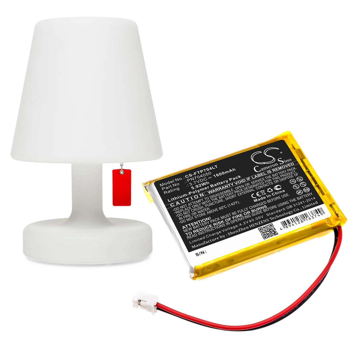 3.7V, 1600mAh, Li-Polymer Battery fits Fatboy, Edison The Petit, Led Table Lamp Edison, 5.92Wh