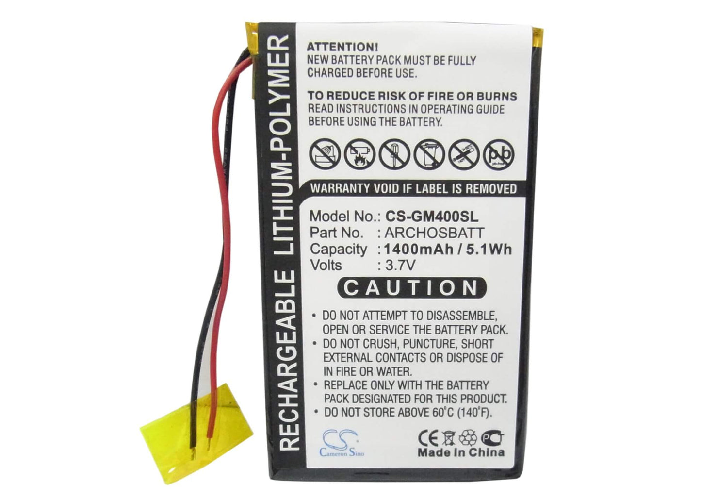 3.7V, 1400mAh, Li-Polymer Battery fits Archos, Av402e, Gmini 400, 5.18Wh