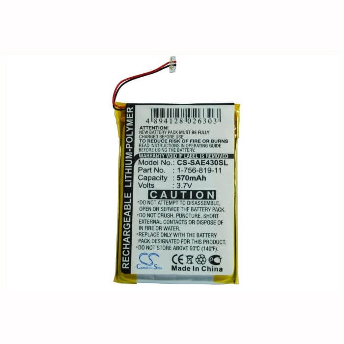 3.7V, 570mAh, Li-Polymer Battery fits Sony, Nw-e435, Nw-e435f, 2.109Wh