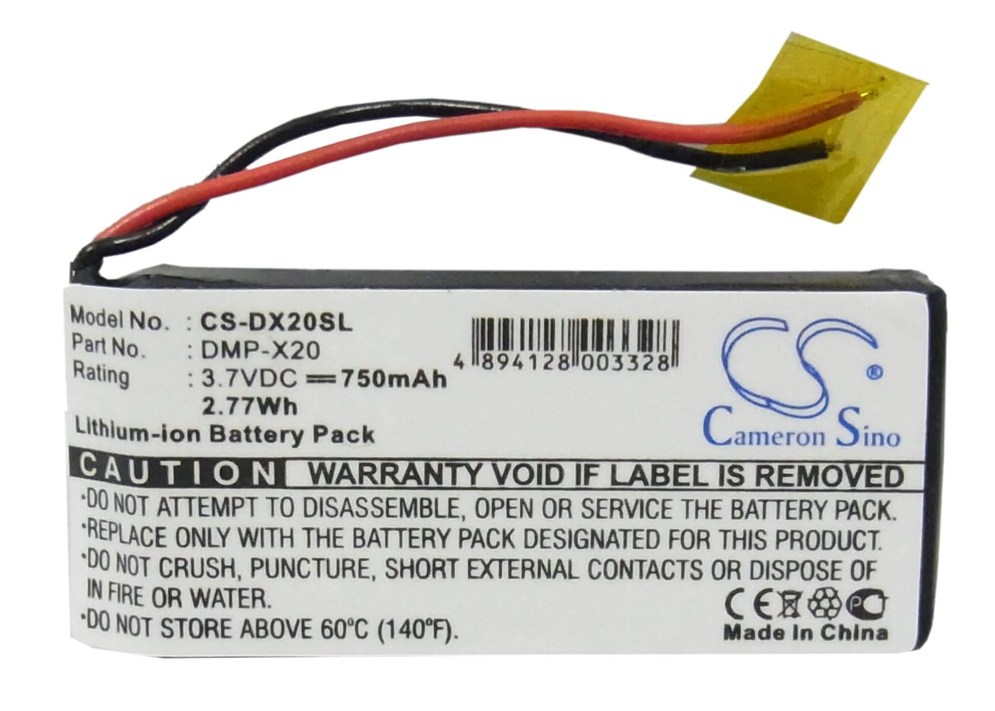 3.7V, 750mAh, Li-ion Battery fits Gateway, Dmp-x20 Mp3 Player, 2.775Wh