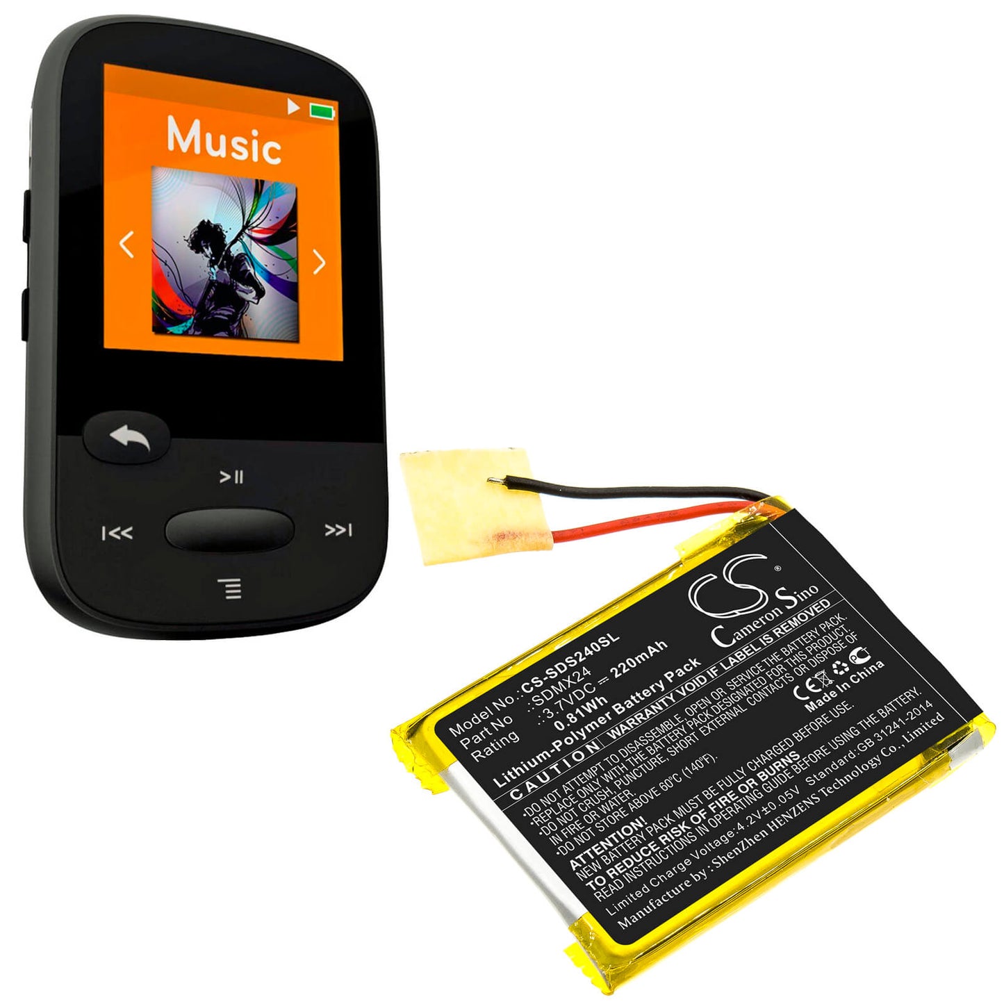 3.7V, 220mAh, Li-Polymer Battery fits Sandisk, Sansa Clip Sport, 0.814Wh
