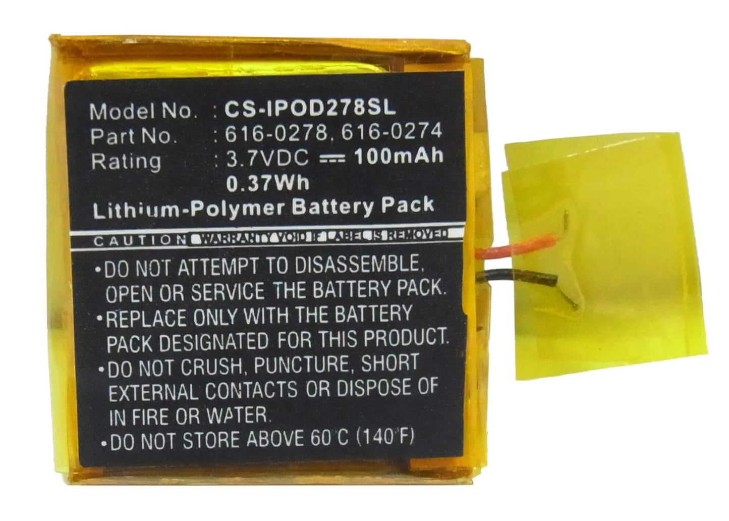 3.7V, 100mAh, Li-Polymer Battery fits Apple, Ipod Shuffle G2 1gb, Ipod Shuffle G3, 0.37Wh