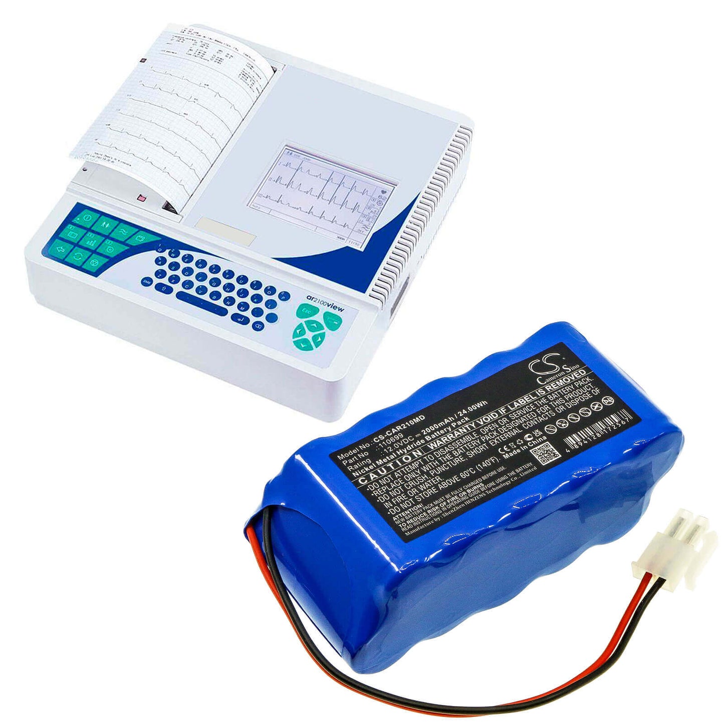 12.0V, 2000mAh, Ni-MH Battery fits Cardioline, Ecg Ar2100 View, 24Wh