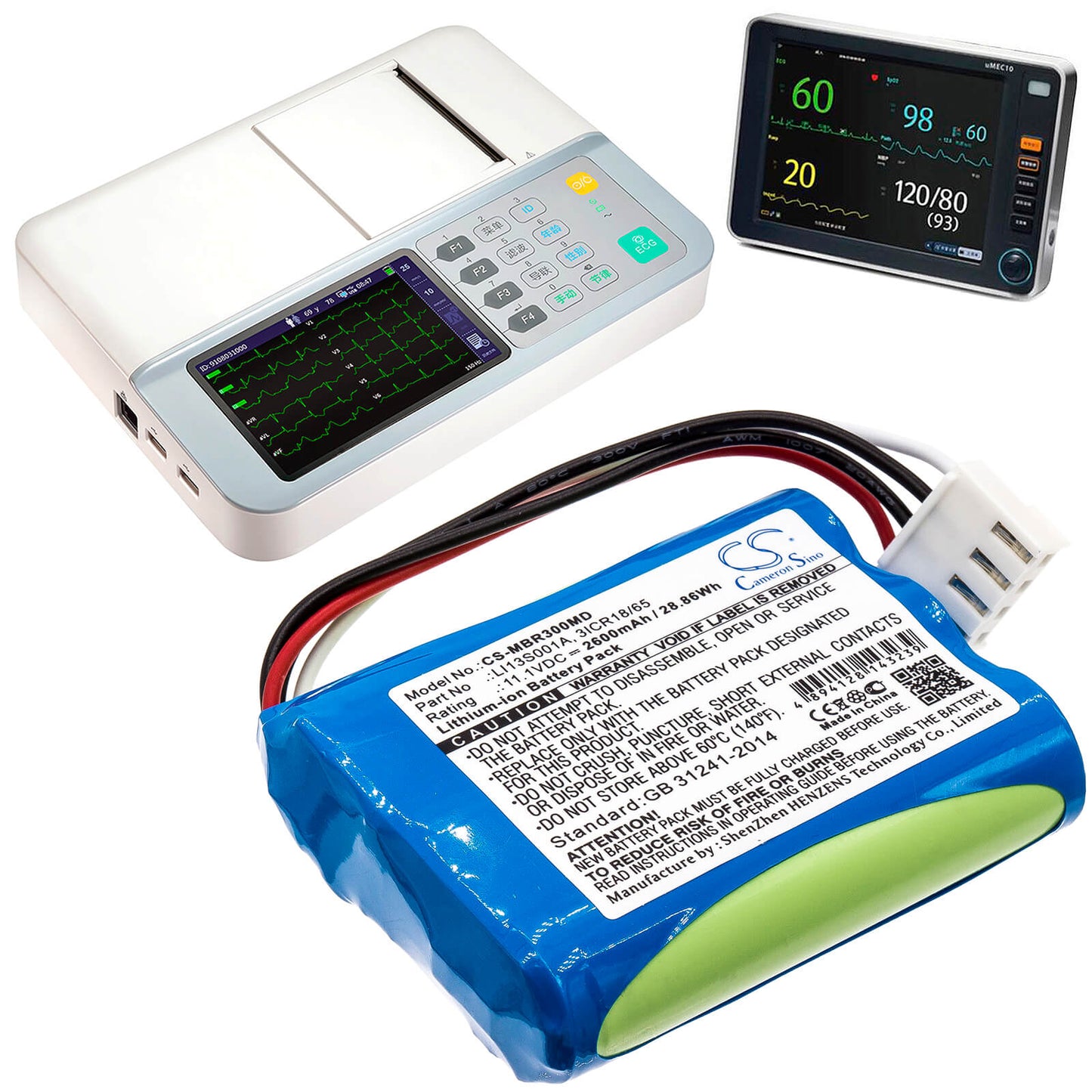 11.1V, 2600mAh, Li-ion Battery fits Mindray, Beneheart R3, Beneheart R3 Ekg, 28.86Wh