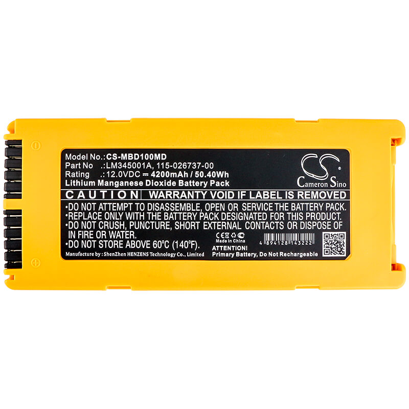 12.0V, 4200mAh, Li-MnO2 Battery fits Mindray, Beneheart D1, 50.4Wh