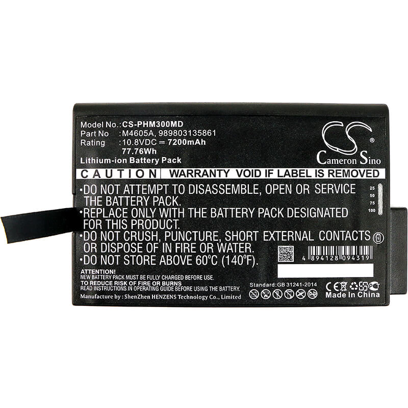 10.8V, 7200mAh, Li-ion Battery fits Philips, 740 Select Vital Signs Monitor, Eli 380 Ecg, 77.76Wh