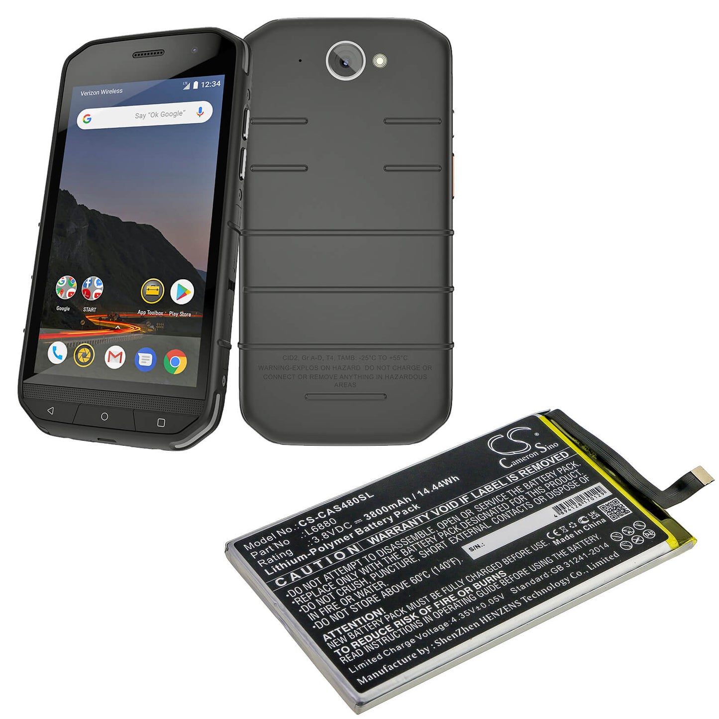 3.8V, 3800mAh, Li-Polymer Battery fits Caterpillar, Cat S48c, 14.44Wh