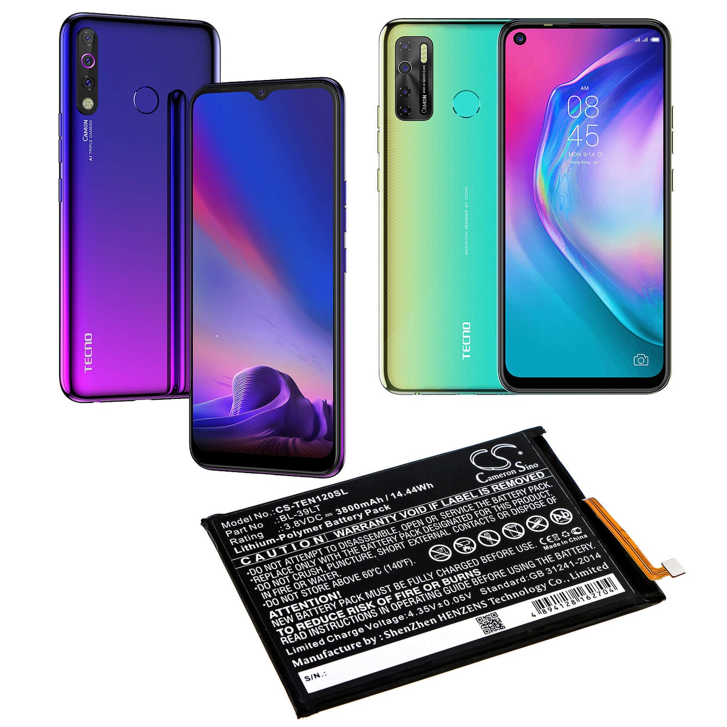 3.8V, 3800mAh, Li-Polymer Battery fits Tecno, Camon 12, Camon 15, 14.44Wh