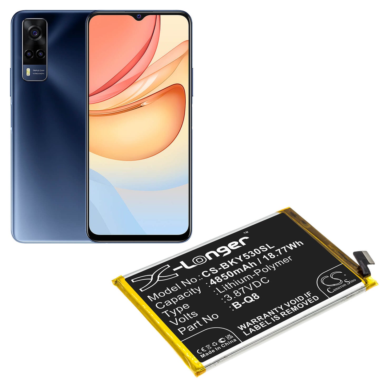 3.87V, 4850mAh, Li-Polymer Battery fits Vivo, V2058, V2111a, 18.7695Wh