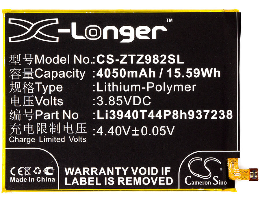 3.85V, 4050mAh, Li-Polymer Battery fits Zte, Blade Z Max, Z982, 15.5925Wh