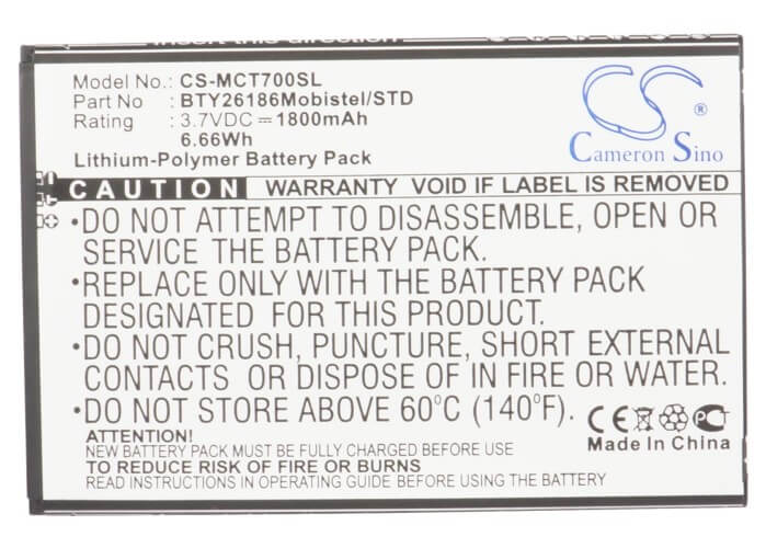 3.7V, 1800mAh, Li-Polymer Battery fits Mobistel, Cynus T7, Mt-600s, 6.66Wh