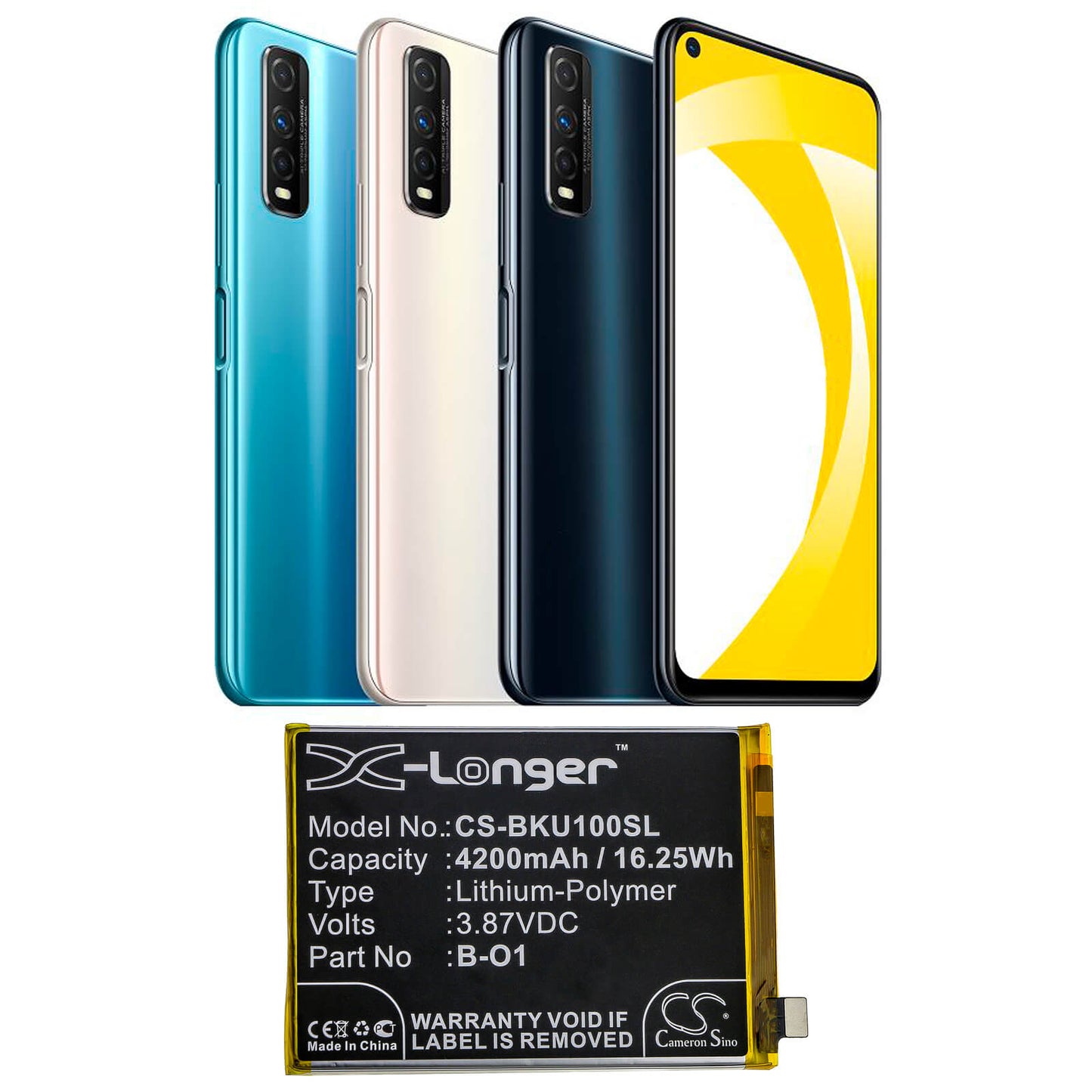 3.87V, 4200mAh, Li-Polymer Battery fits Vivo, Iqoo U1, V2023, 16.254Wh