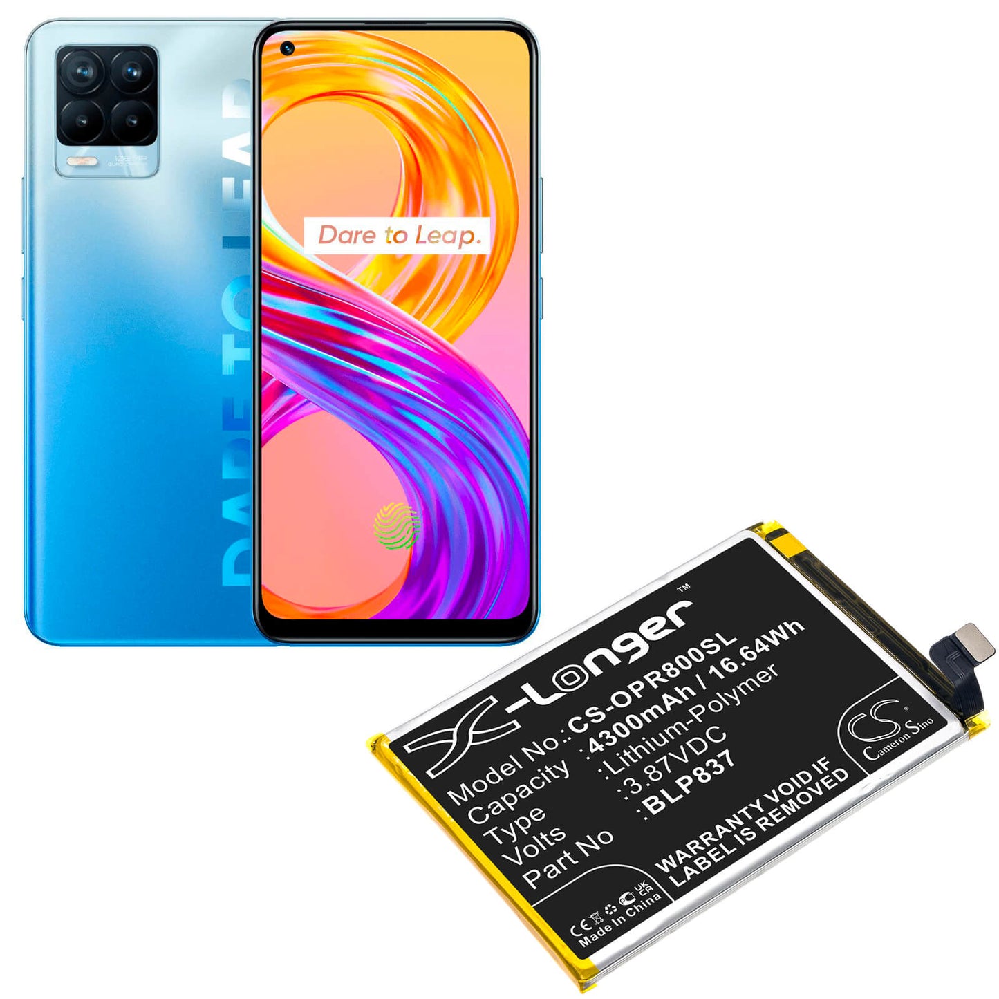3.87V, 4300mAh, Li-Polymer Battery fits Oppo, Realme 8 Pro, 16.641Wh