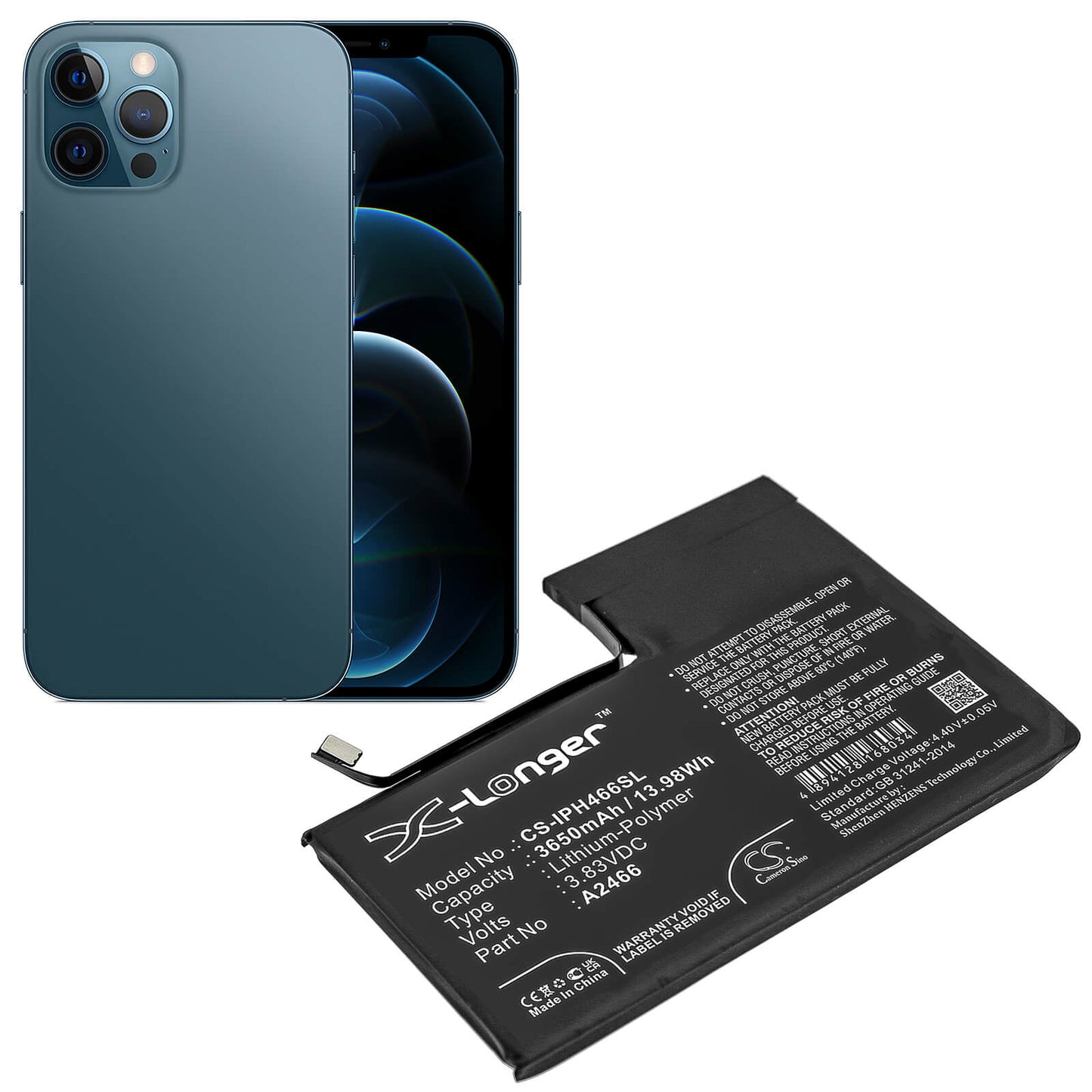 3.83V, 3650mAh, Li-Polymer Battery fits Apple, Iphone 12 Pro Max, 13.9795Wh