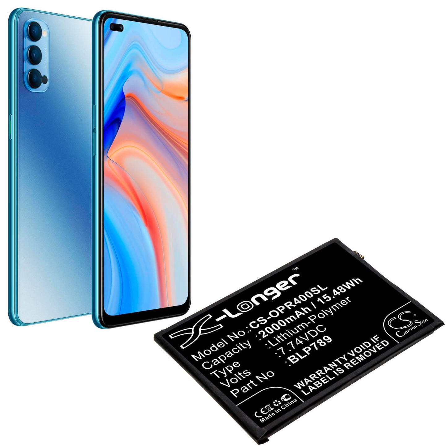 7.74V, 2000mAh, Li-Polymer Battery fits Oppo, Cph2113, Reno4 5g, 15.48Wh