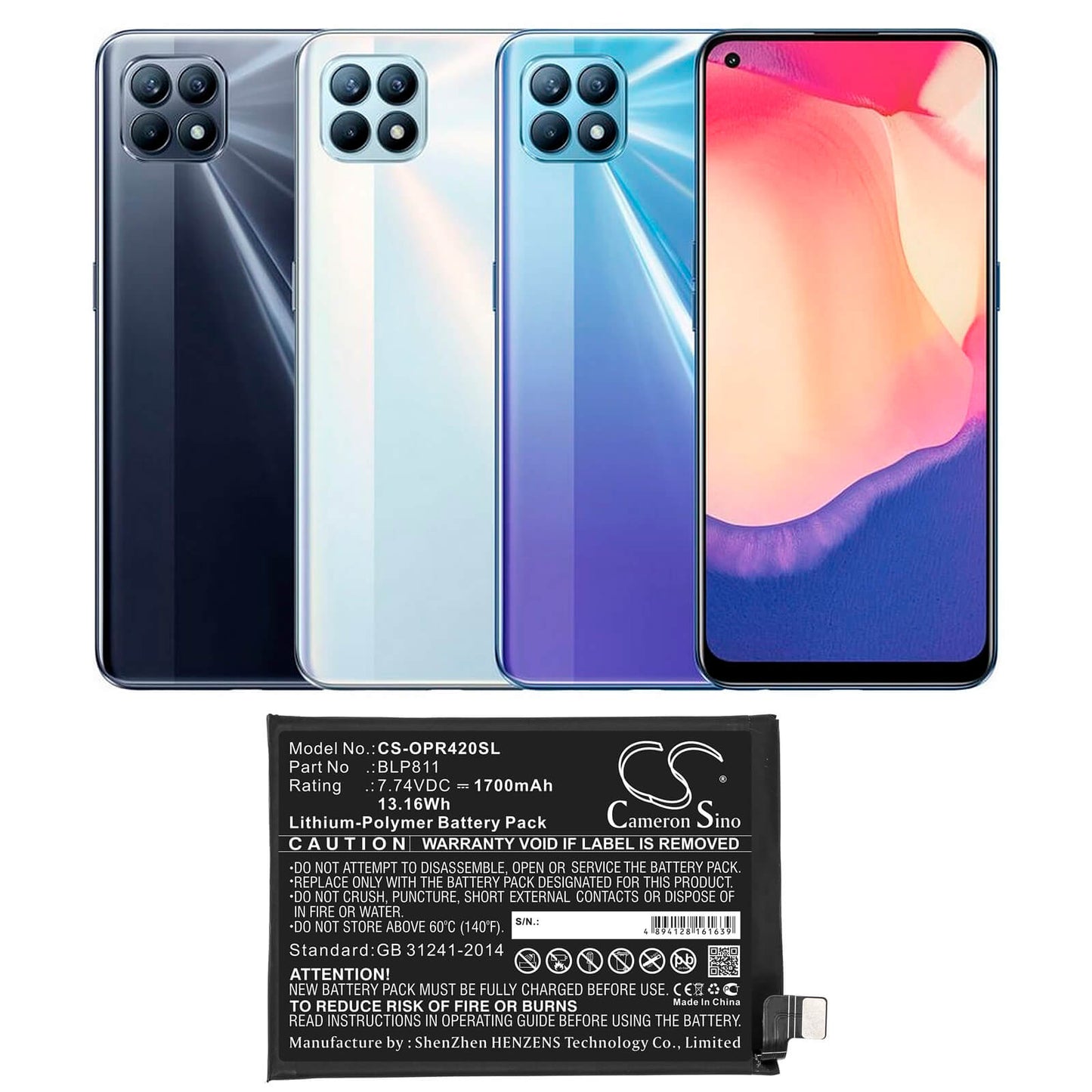 7.74V, 1700mAh, Li-Polymer Battery fits Oppo, Reno4 Se, Reno5, 13.158Wh
