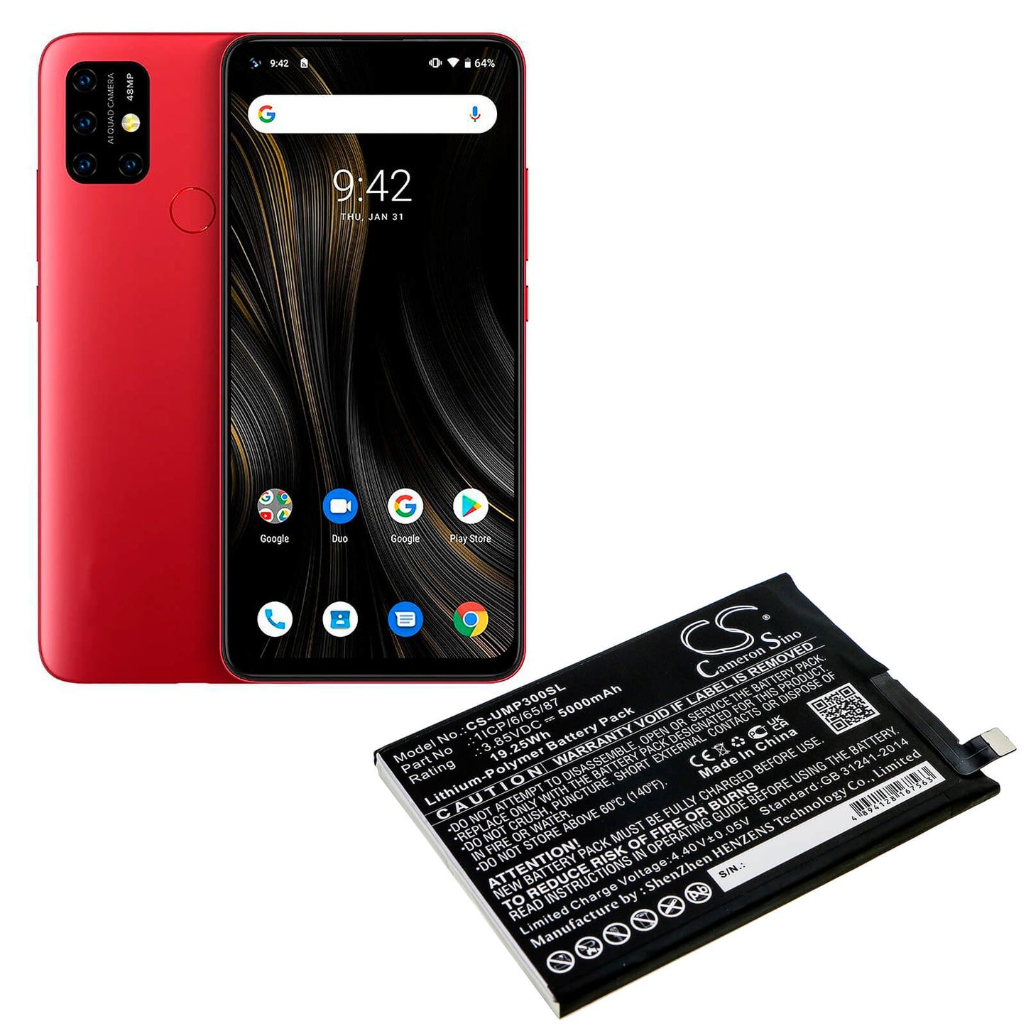 3.85V, 5000mAh, Li-Polymer Battery fits Umi, Umidigi Power 3, 19.25Wh